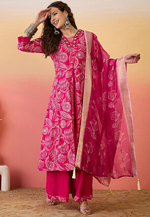 Foil Printed Art Silk Abaya Style Suit in Fuchsia