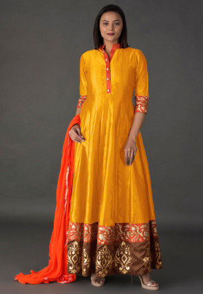 Foil Printed Art Silk Abaya Style Suit in Yellow