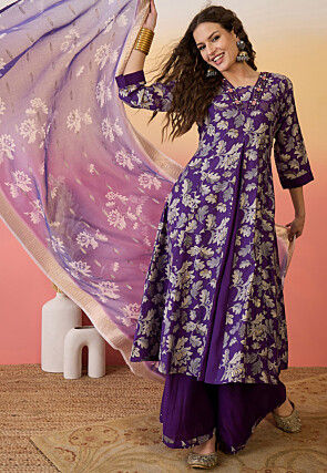 Foil Printed Art Silk Abaya Style Suit in Purple