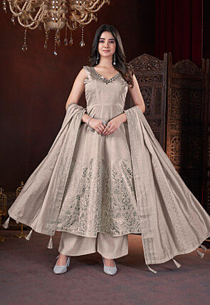 Foil Printed Art Silk Anarkali Suit in Beige