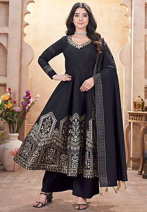 Foil Printed Art Silk Anarkali Suit in Black