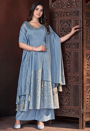 Foil Printed Art Silk Anarkali Suit in Blue