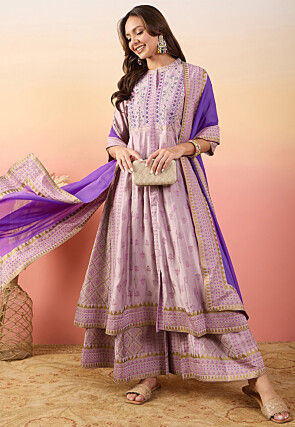 Foil Printed Art Silk Anarkali Suit in Light Purple