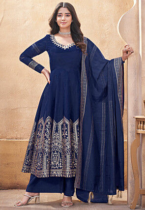 Foil Printed Art Silk Anarkali Suit in Navy Blue