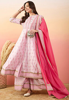 Foil Printed Art Silk Anarkali Suit in Pink