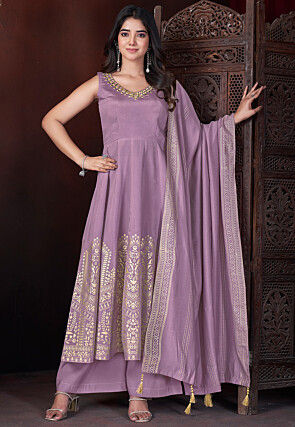 Foil Printed Art Silk Anarkali Suit in Purple