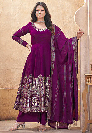 Foil Printed Art Silk Anarkali Suit in Purple