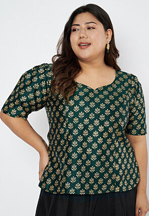 Foil Printed Art Silk Blouse in Dark Green