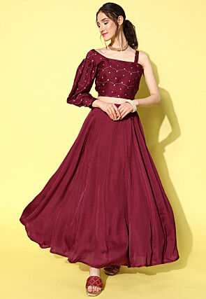 Foil Printed Art Silk Crop Top Set in Wine