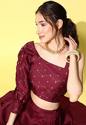 Foil Printed Art Silk Crop Top Set in Wine