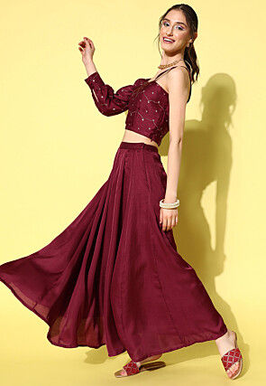 Foil Printed Art Silk Crop Top Set in Wine