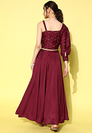 Foil Printed Art Silk Crop Top Set in Wine