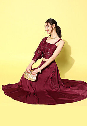 Foil Printed Art Silk Crop Top Set in Wine