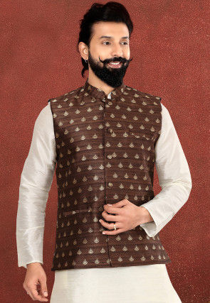 Foil Printed Art Silk Jacquard Nehru Jacket in Dark Brown