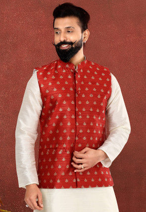Foil Printed Art Silk Jacquard Nehru Jacket in Red