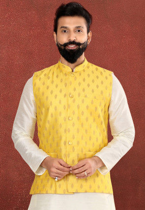 Foil Printed Art Silk Jacquard Nehru Jacket in Yellow