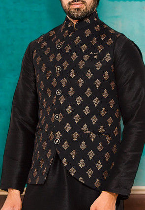 Foil Printed Art Silk Kurta Jacket Set in Black