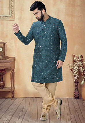 Foil Printed Art Silk Kurta Set in Teal Blue