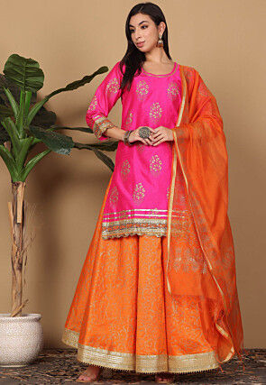 Foil Printed Art Silk Lehenga in Orange