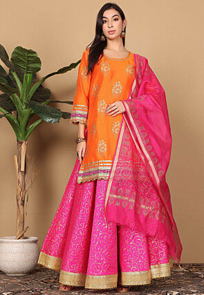Foil Printed Art Silk Lehenga in Pink