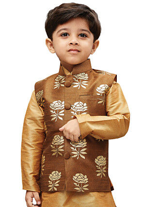 Foil Printed Art Silk Nehru Jacket in Brown