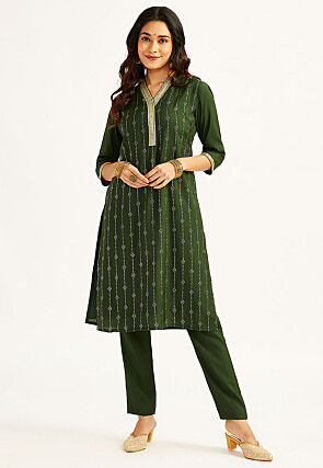 Foil Printed Art Silk Pakistani Suit in Dark Green