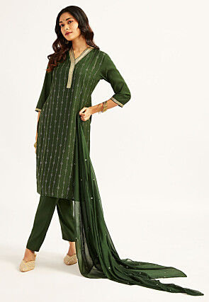 Foil Printed Art Silk Pakistani Suit in Dark Green