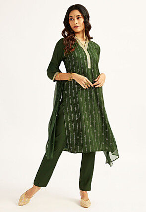 Foil Printed Art Silk Pakistani Suit in Dark Green