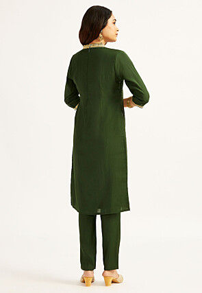 Foil Printed Art Silk Pakistani Suit in Dark Green