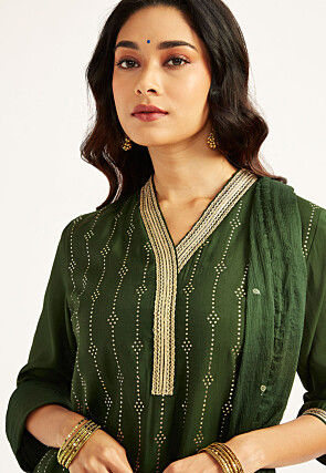 Foil Printed Art Silk Pakistani Suit in Dark Green