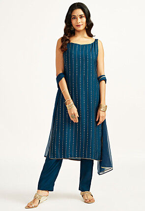 Foil Printed Art Silk Pakistani Suit in Teal Blue