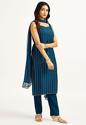 Foil Printed Art Silk Pakistani Suit in Teal Blue