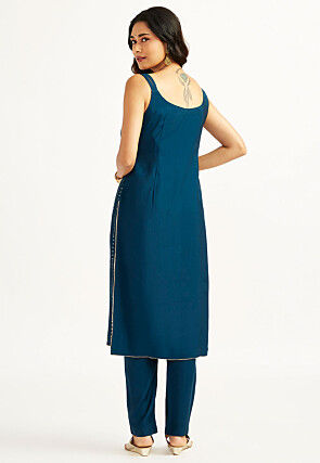 Foil Printed Art Silk Pakistani Suit in Teal Blue