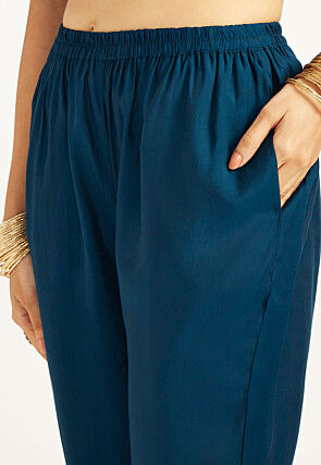 Foil Printed Art Silk Pakistani Suit in Teal Blue