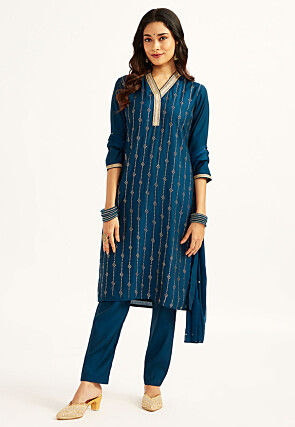 Foil Printed Art Silk Pakistani Suit in Teal Blue