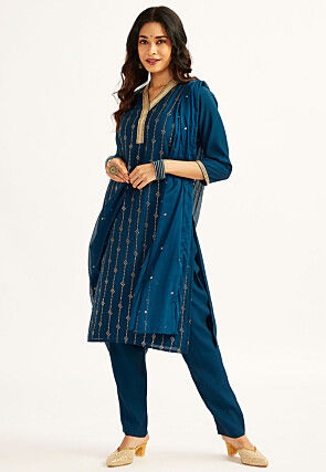 Foil Printed Art Silk Pakistani Suit in Teal Blue
