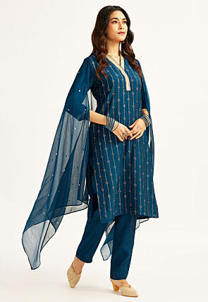 Foil Printed Art Silk Pakistani Suit in Teal Blue