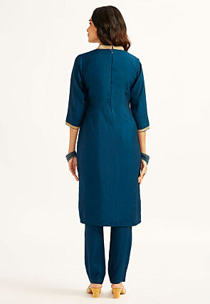 Foil Printed Art Silk Pakistani Suit in Teal Blue