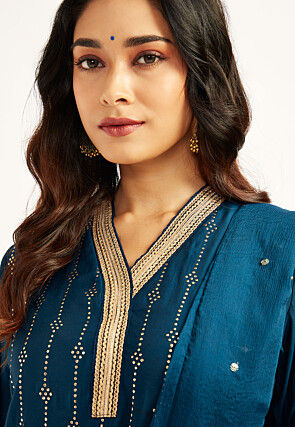 Foil Printed Art Silk Pakistani Suit in Teal Blue