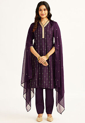 Foil Printed Art Silk Pakistani Suit in Violet