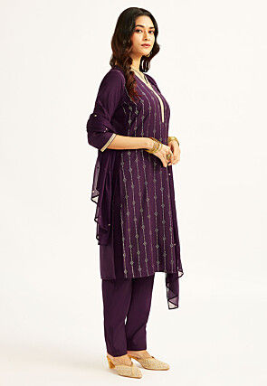 Foil Printed Art Silk Pakistani Suit in Violet