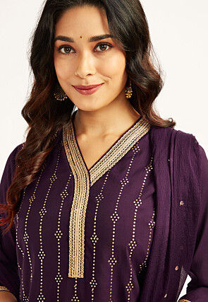 Foil Printed Art Silk Pakistani Suit in Violet