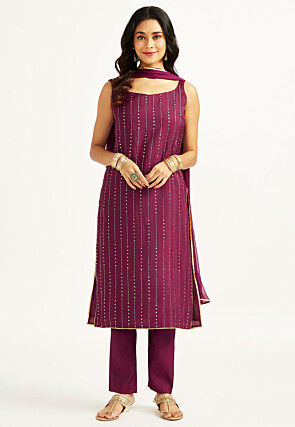 Foil Printed Art Silk Pakistani Suit in Wine