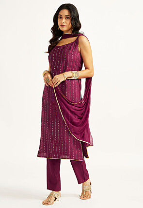 Foil Printed Art Silk Pakistani Suit in Wine