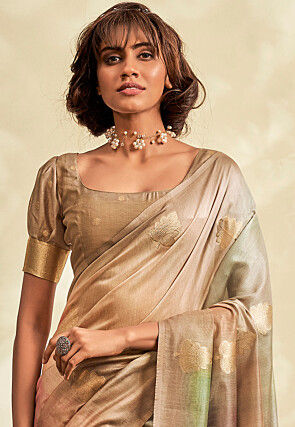 Foil Printed Art Silk Saree in Beige