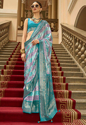 Foil Printed Art Silk Saree in Blue and Purple