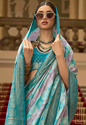 Foil Printed Art Silk Saree in Blue and Purple