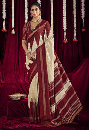 Foil Printed Art Silk Saree in Cream