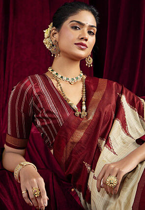 Foil Printed Art Silk Saree in Cream