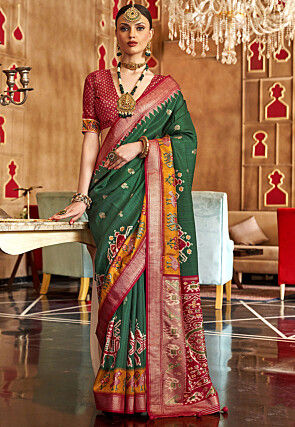 Foil Printed Art Silk Saree in Dark Green